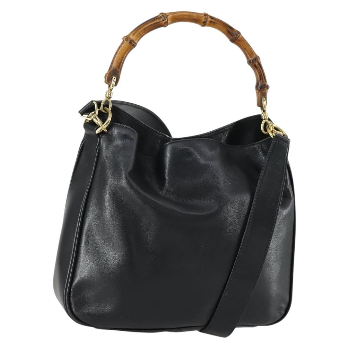 Gucci Bamboo Hand Bag Leather 2way Black Gold 001 1638 2615 Auth 156944